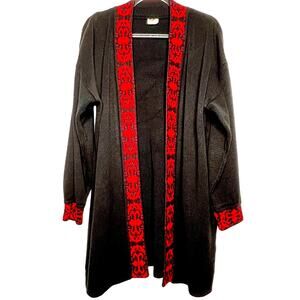 YSEM Vintage Open Front Duster Cardigan Sweater Long Sleeve Black Red Size XL